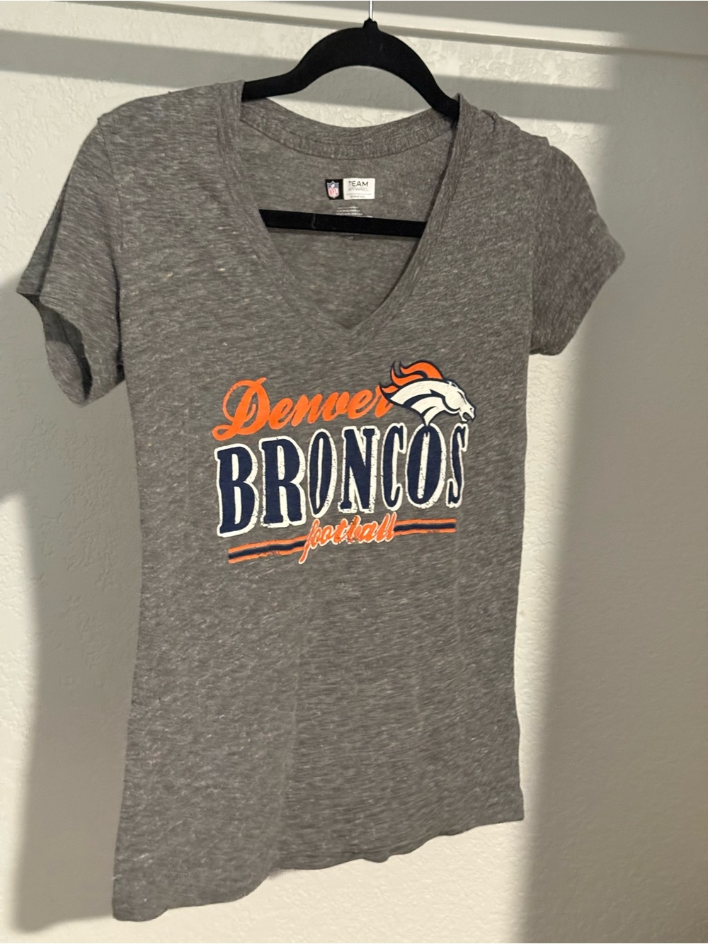 NFL Denver Broncos Gray V-Neck Tee with Orange and Navy Logo